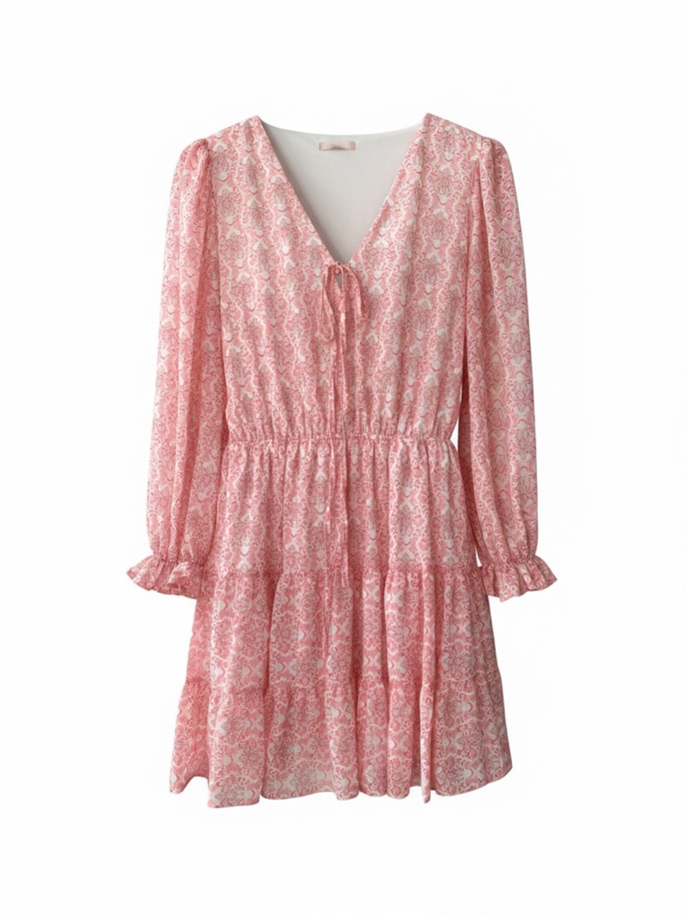 Scarlett Light Pink Paisley V-Neck Tie-Front Long Sleeve Tiered Dress